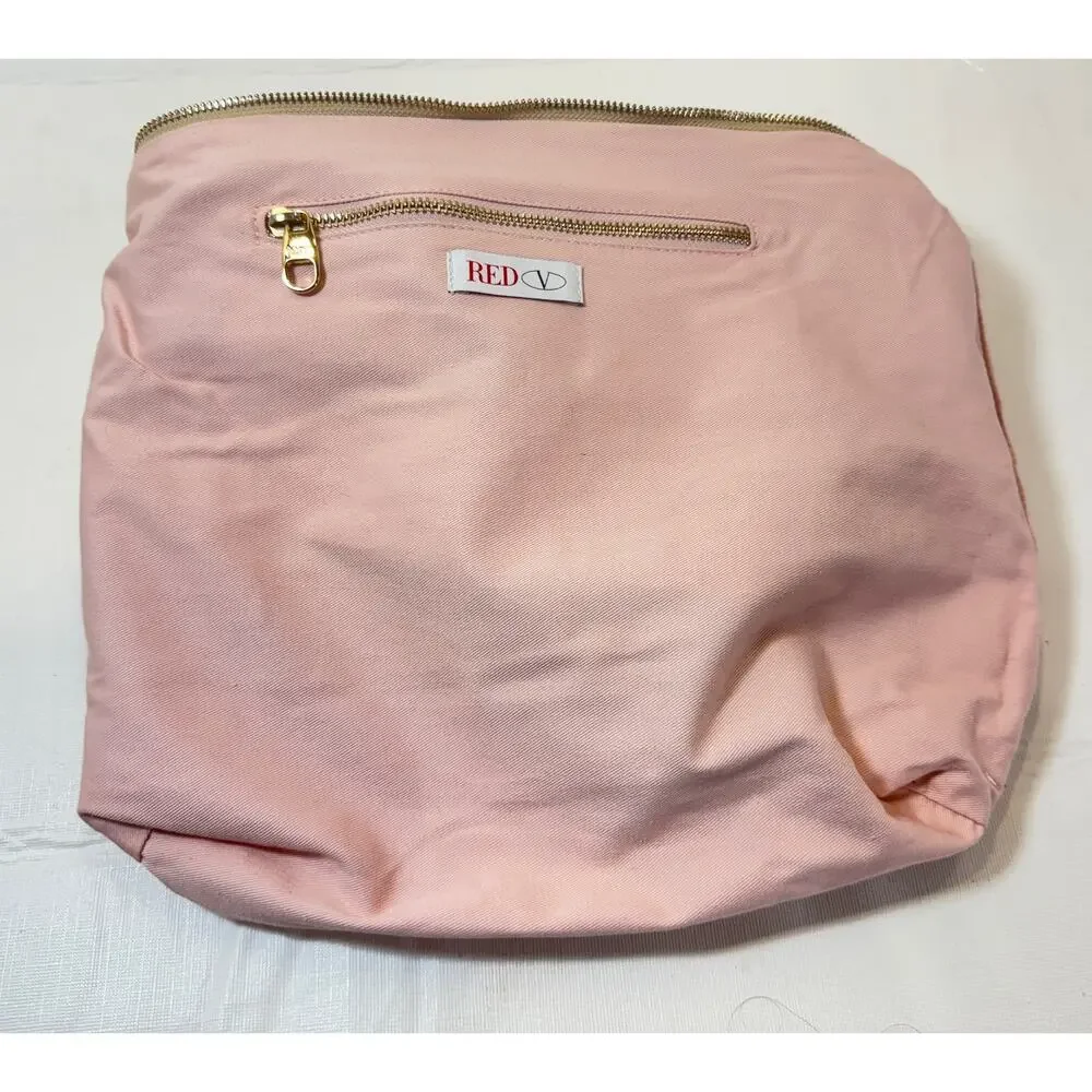 Red Valentino Cosmetic Case Beige Coated Canvas Zip Pouch Makeup Travel Clutch